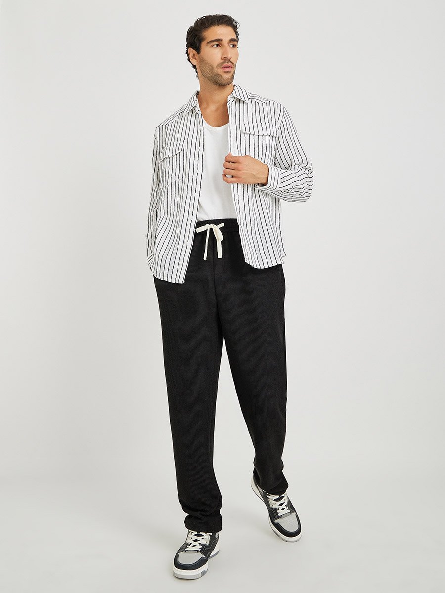 Yarn Dyed Striped Long Sleeve Relaxed Fit Shirt with Flap Pockets