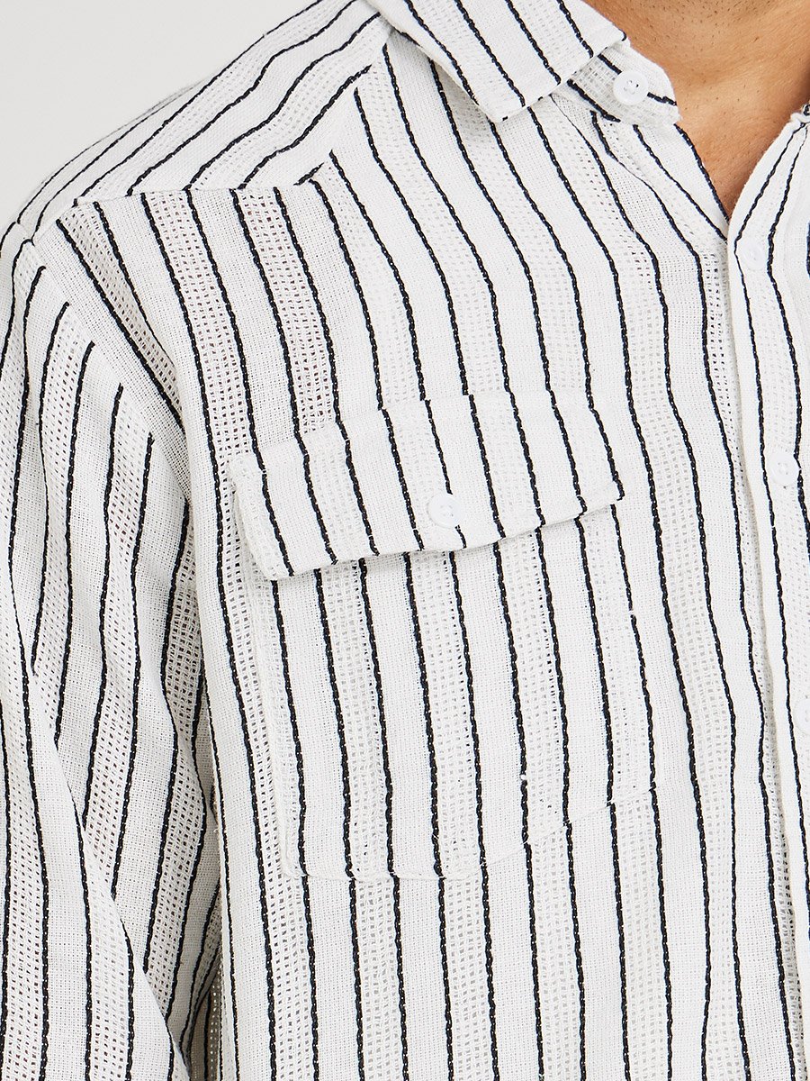 Yarn Dyed Striped Long Sleeve Relaxed Fit Shirt with Flap Pockets