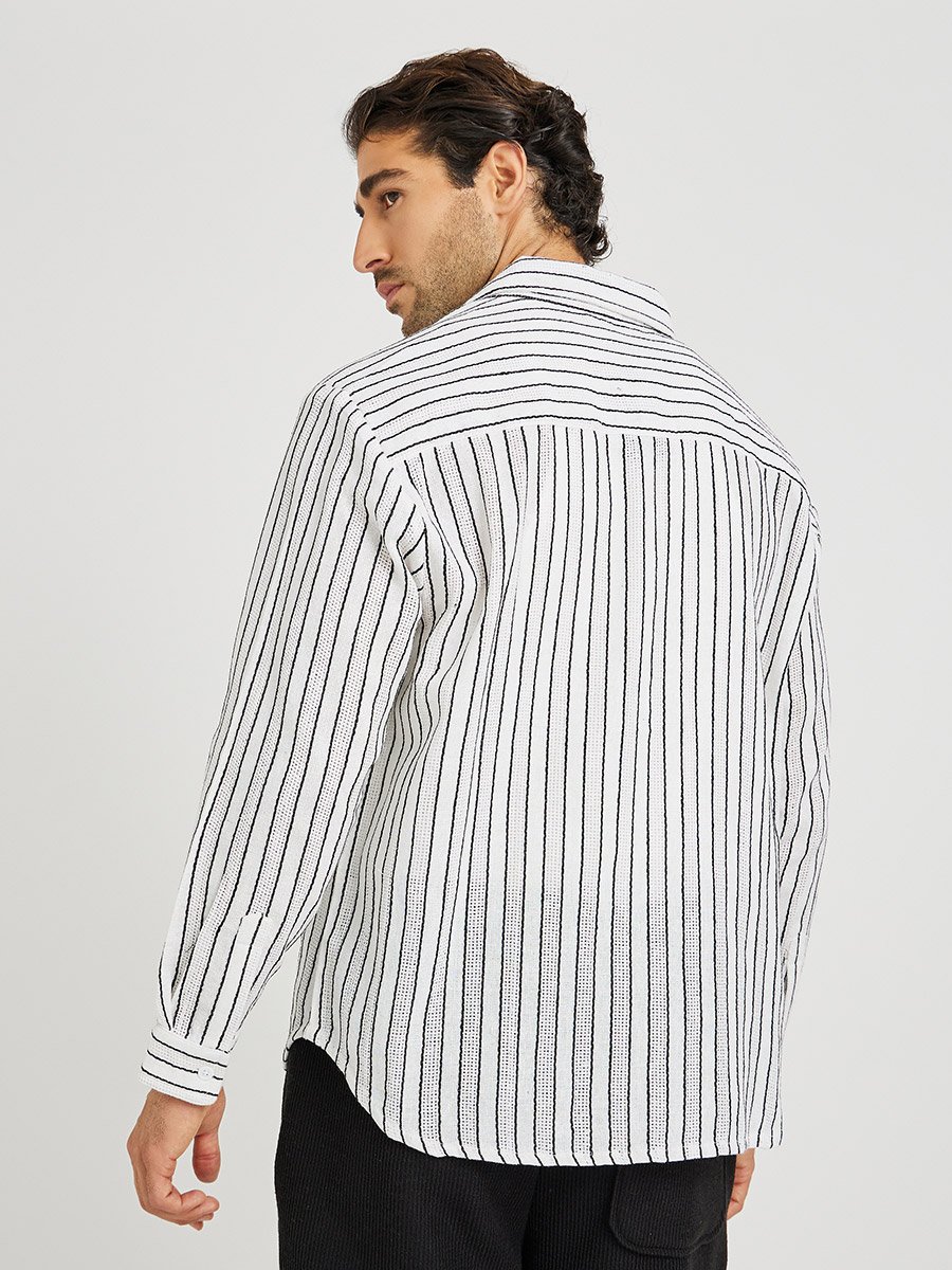 Yarn Dyed Striped Long Sleeve Relaxed Fit Shirt with Flap Pockets