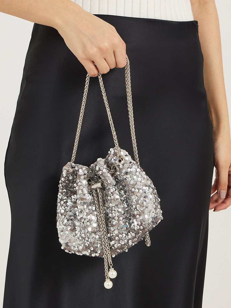Sequin Embellished Shoulder Bag with Chain Strap