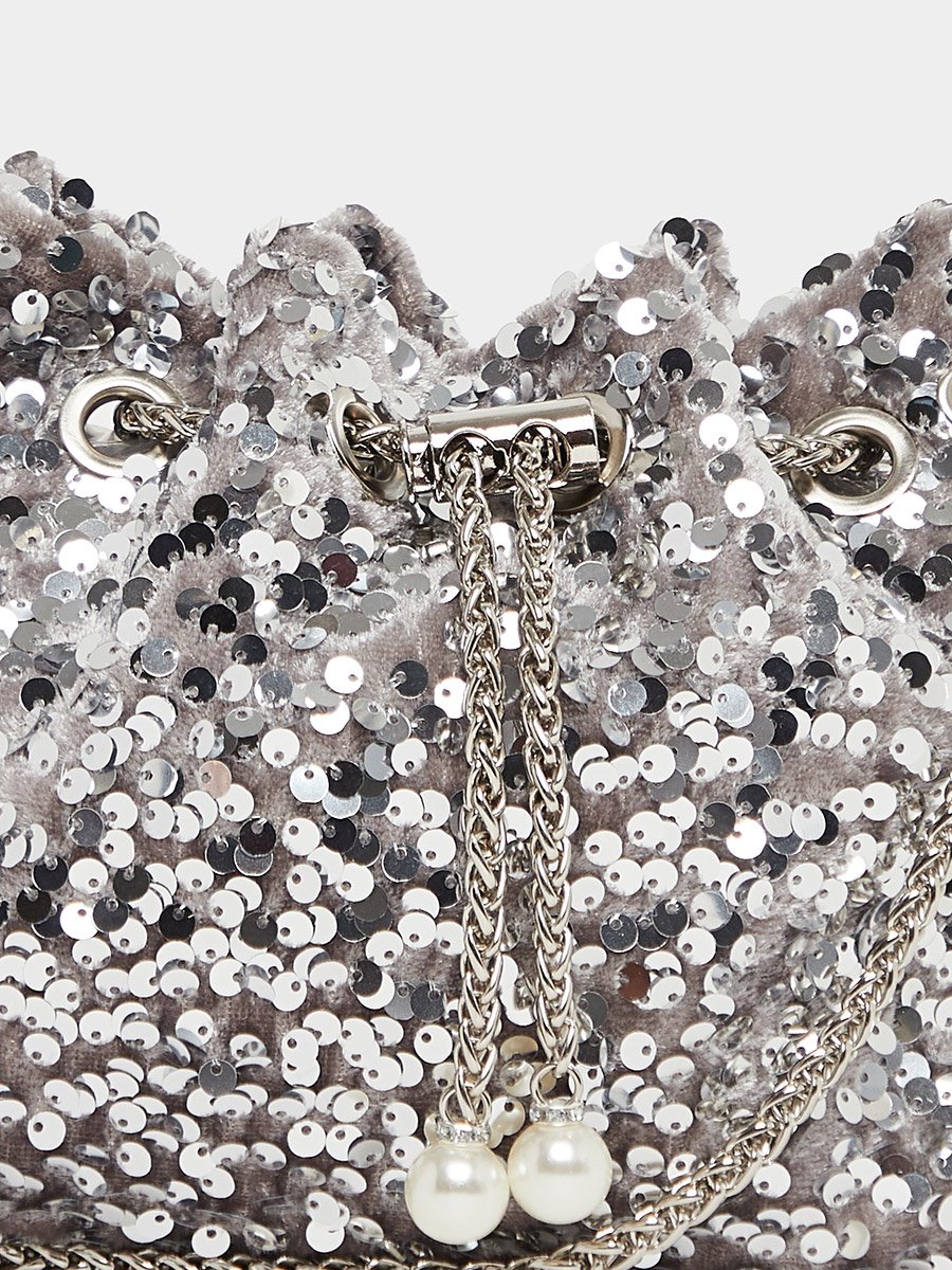 Sequin Embellished Shoulder Bag with Chain Strap