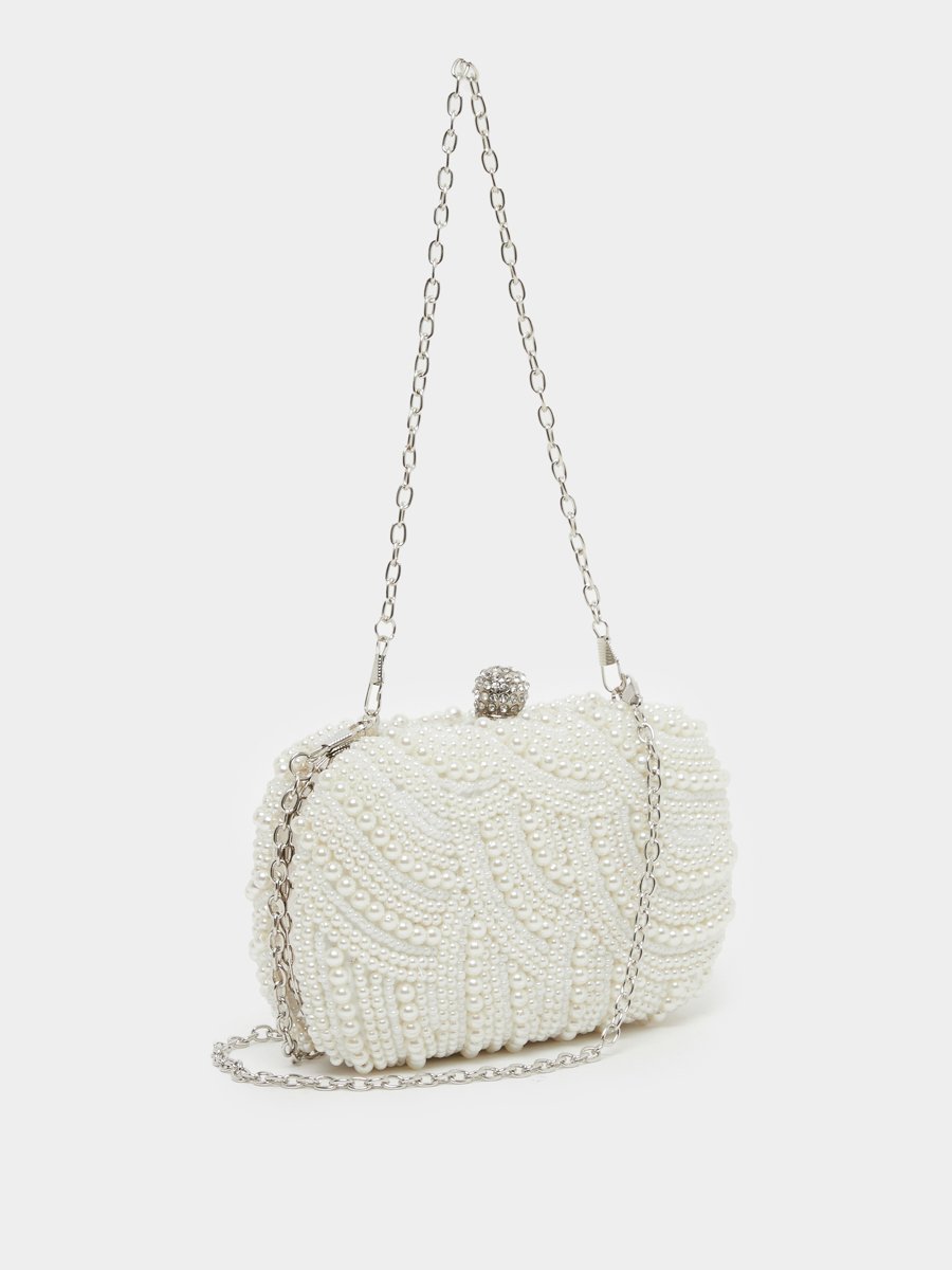 White Faux Pearl Embellished Clutch Bag