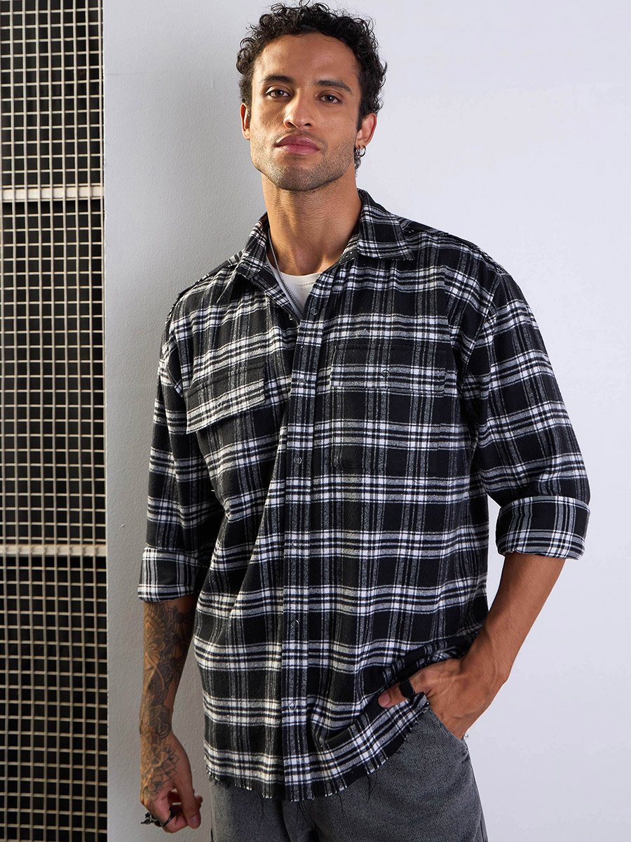 Checked Raw Edge Hem Oversized Shirt