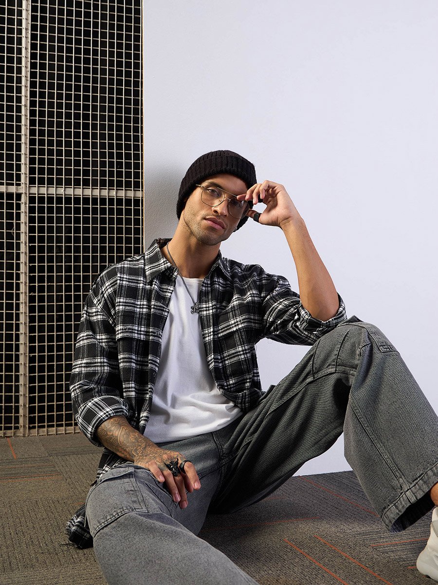 Checked Raw Edge Hem Oversized Shirt