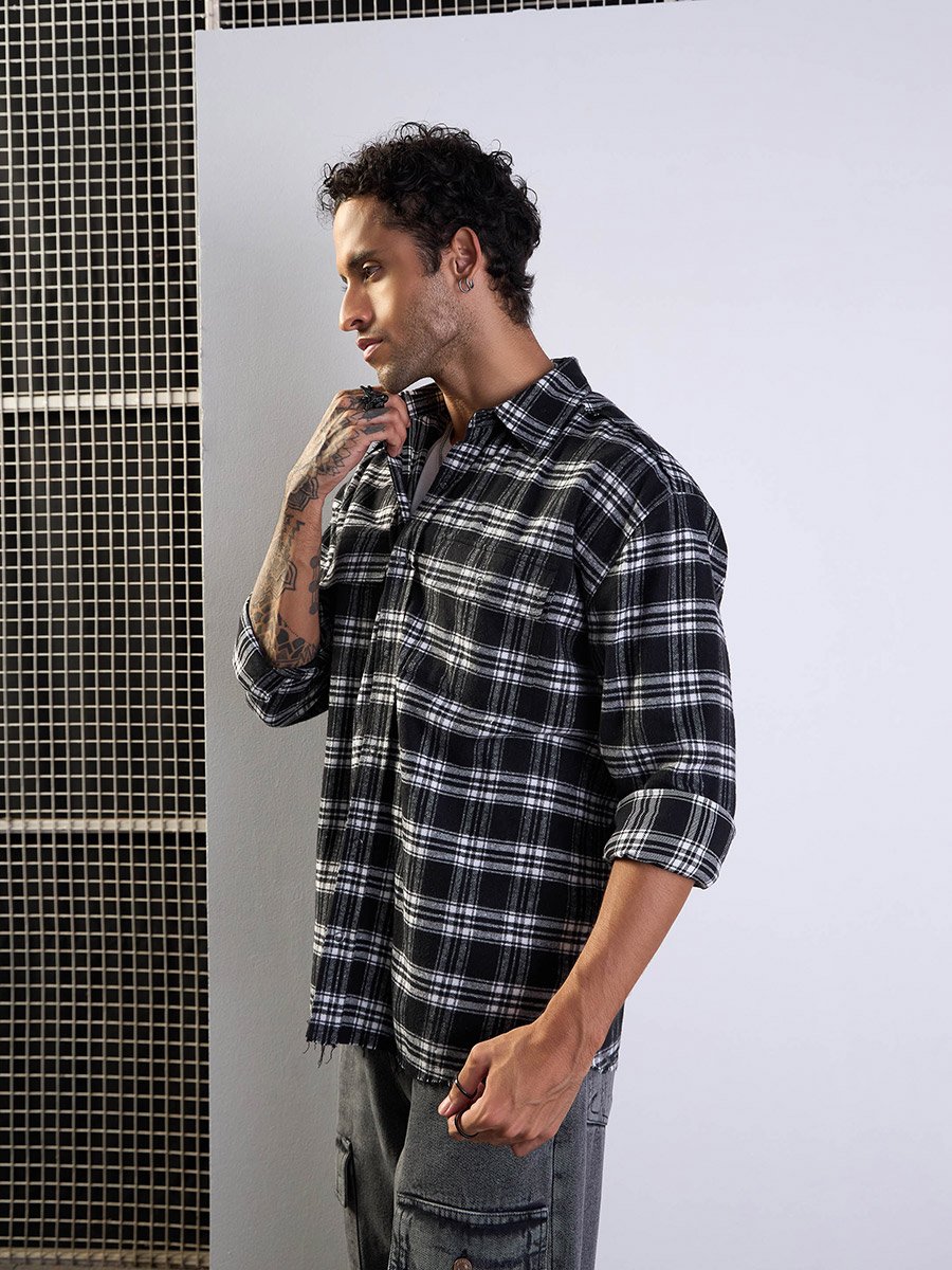Checked Raw Edge Hem Oversized Shirt