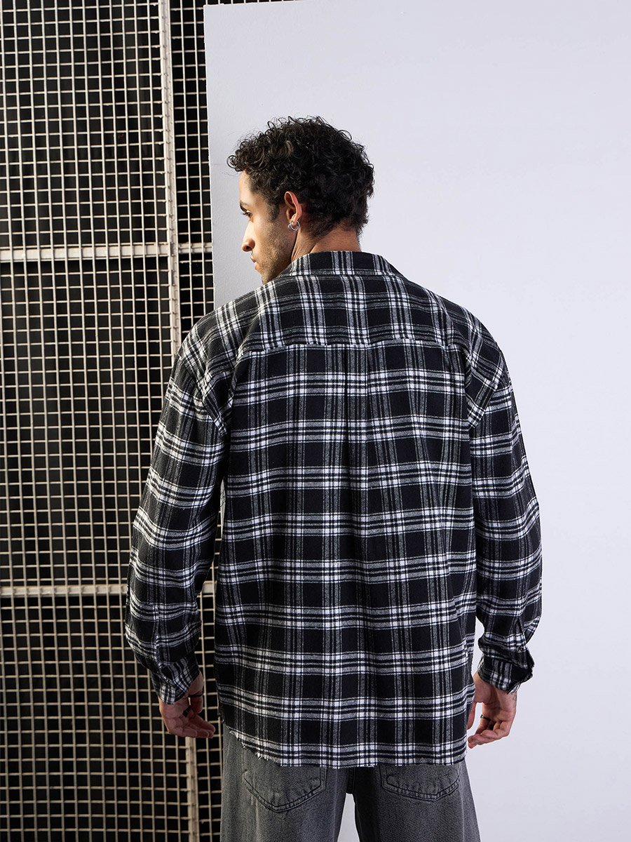 Checked Raw Edge Hem Oversized Shirt