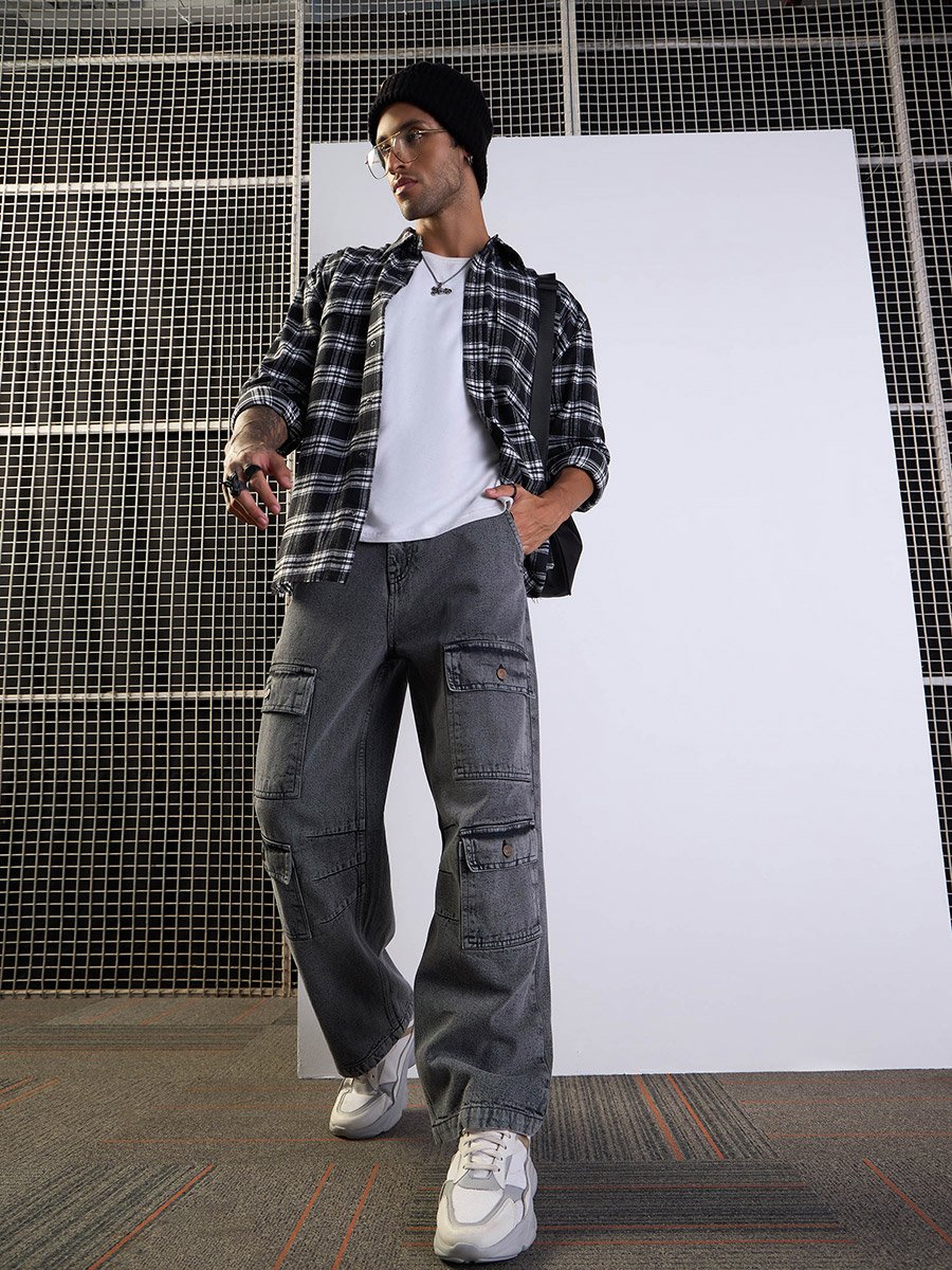 Checked Raw Edge Hem Oversized Shirt