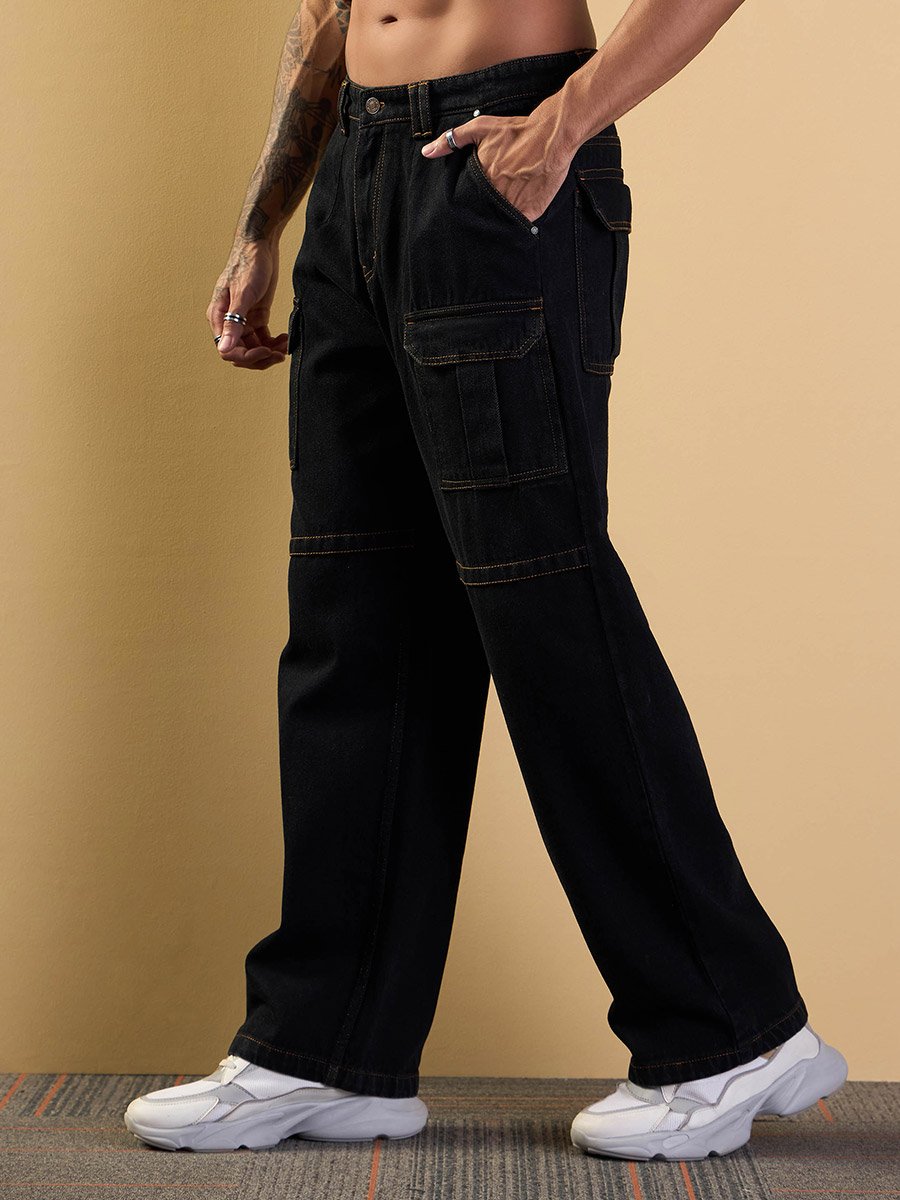 Mid Rise Relaxed Fit Baggy Jeans with Cargo Pockets