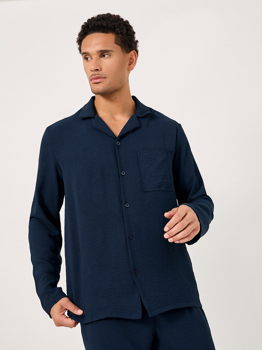 Crinkled Cotton Long Sleeve Shirt and Pyjama Set
