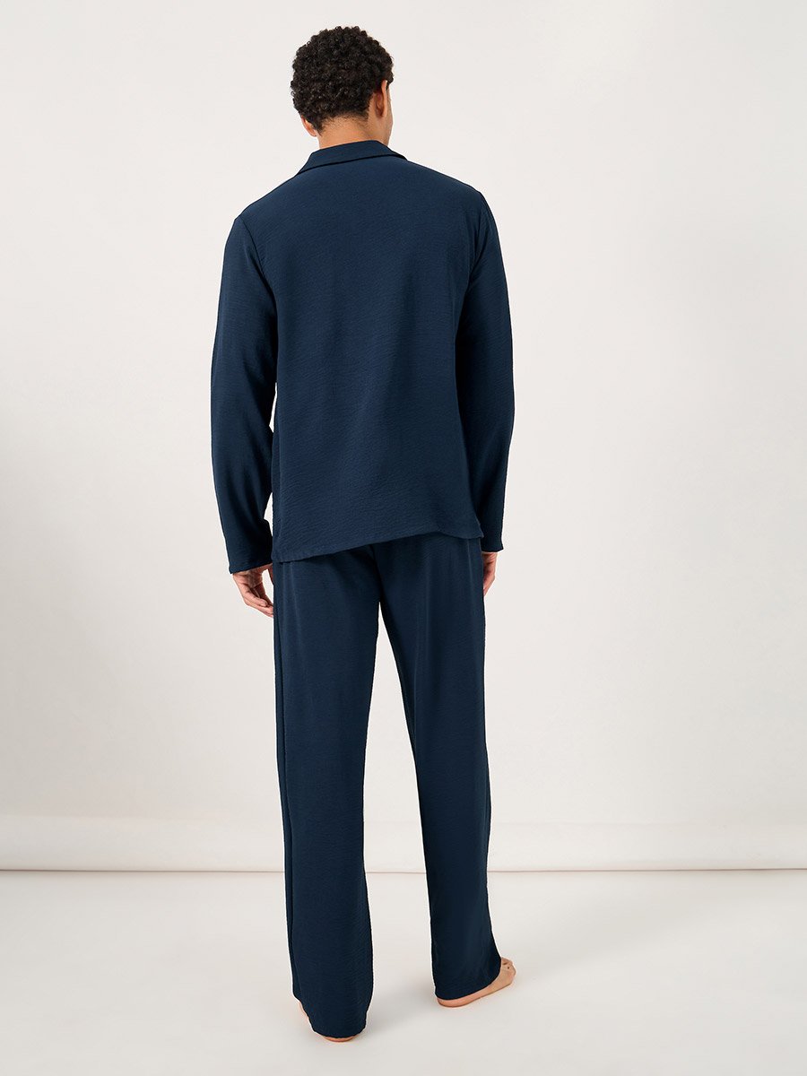 Crinkled Cotton Long Sleeve Shirt and Pyjama Set