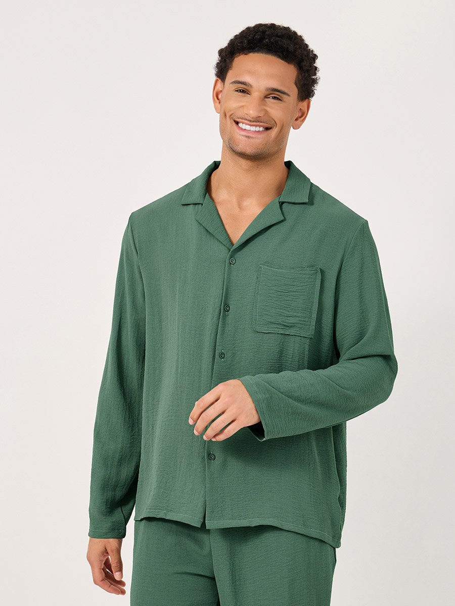 Crinkled Cotton Long Sleeve Shirt and Pyjama Set