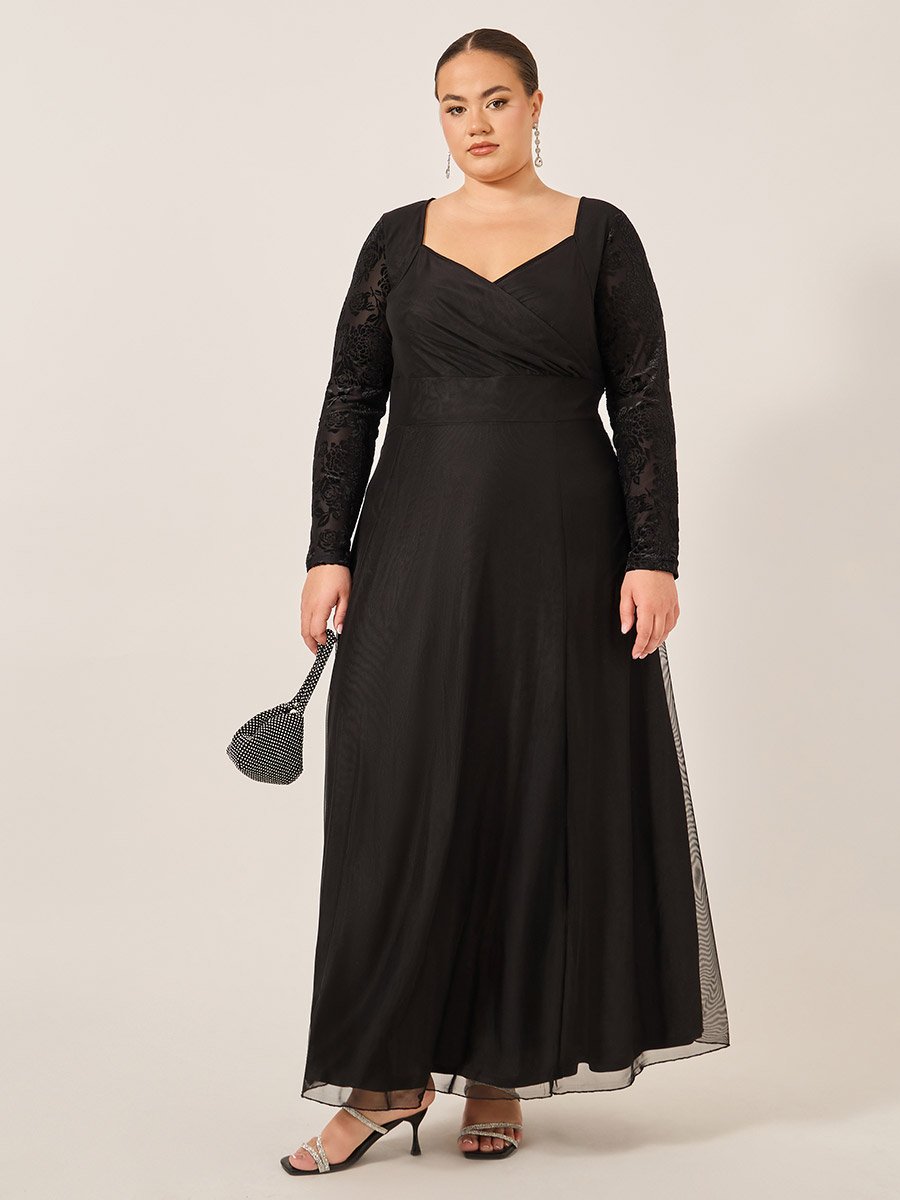 Plus Size Flocked Floral Sleeves Sweetheart Neck A-Line Maxi Dress