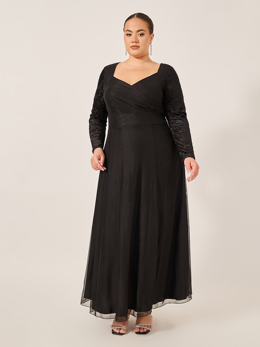 Plus Size Flocked Floral Sleeves Sweetheart Neck A-Line Maxi Dress