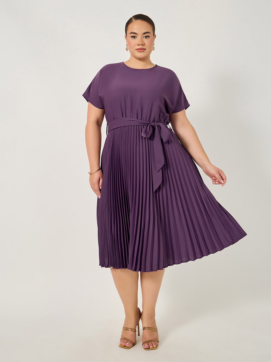 Plus Size A-Line Pleated Midi Dress with Waist Tie Detail