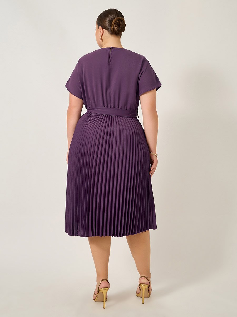 Plus Size A-Line Pleated Midi Dress with Waist Tie Detail