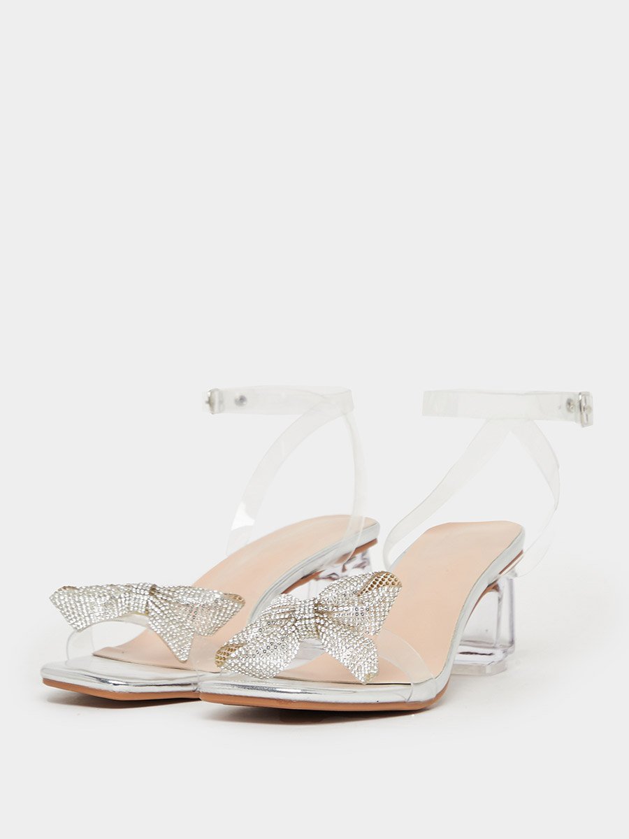 Embellished Bow Accent Block Heel Sandals