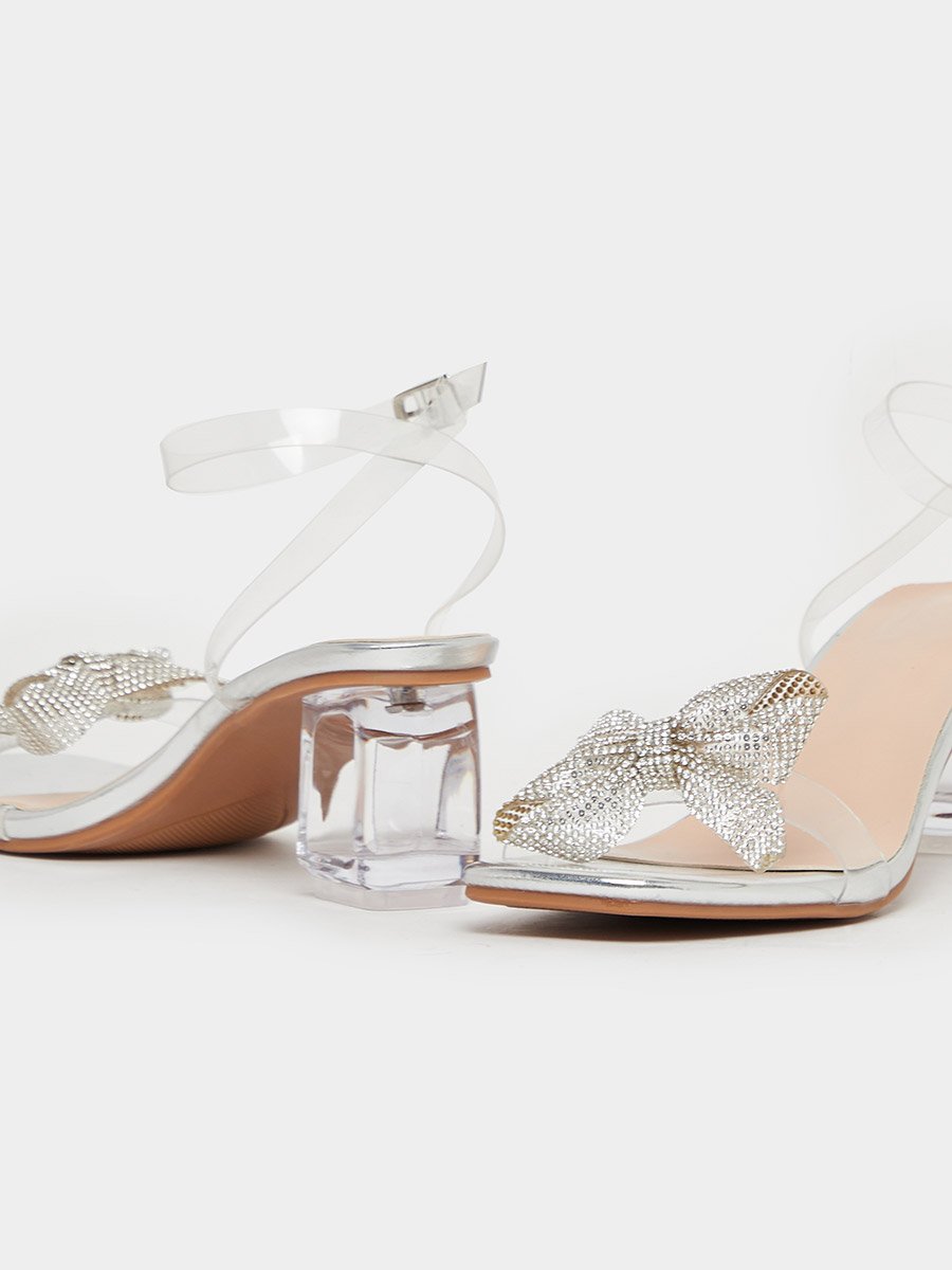 Embellished Bow Accent Block Heel Sandals