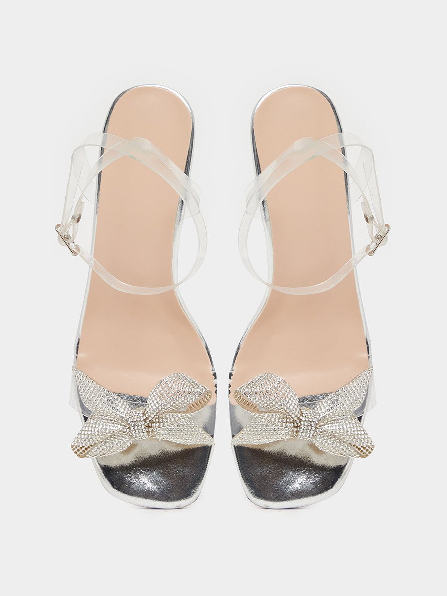 Embellished Bow Accent Block Heel Sandals