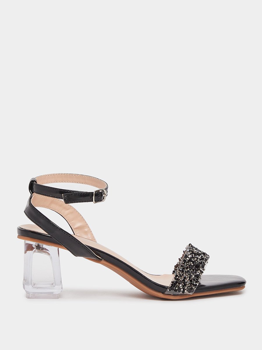 Embellished Ankle Strap Transparent Heel Sandals