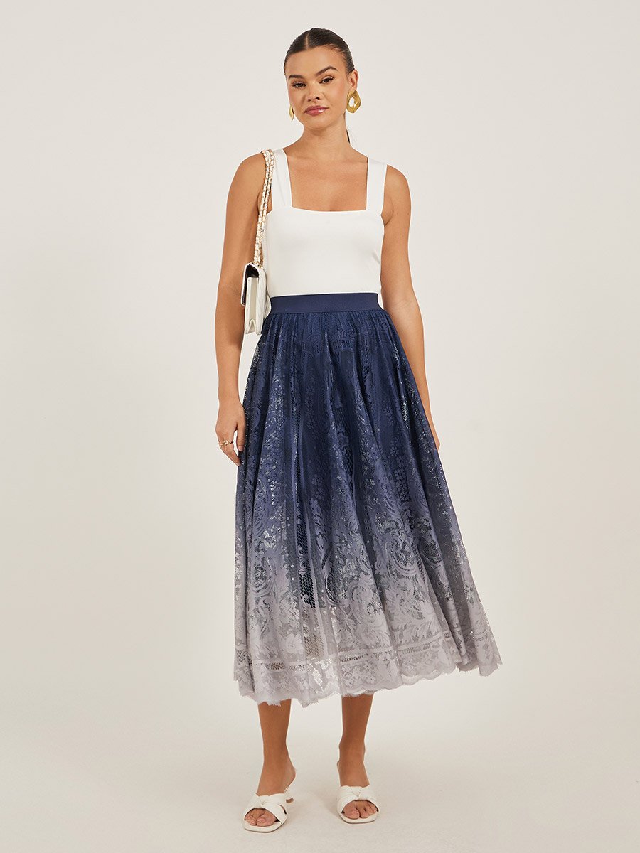 Ombre Lace A-Line Midi Skirt with Elasticated Waistband