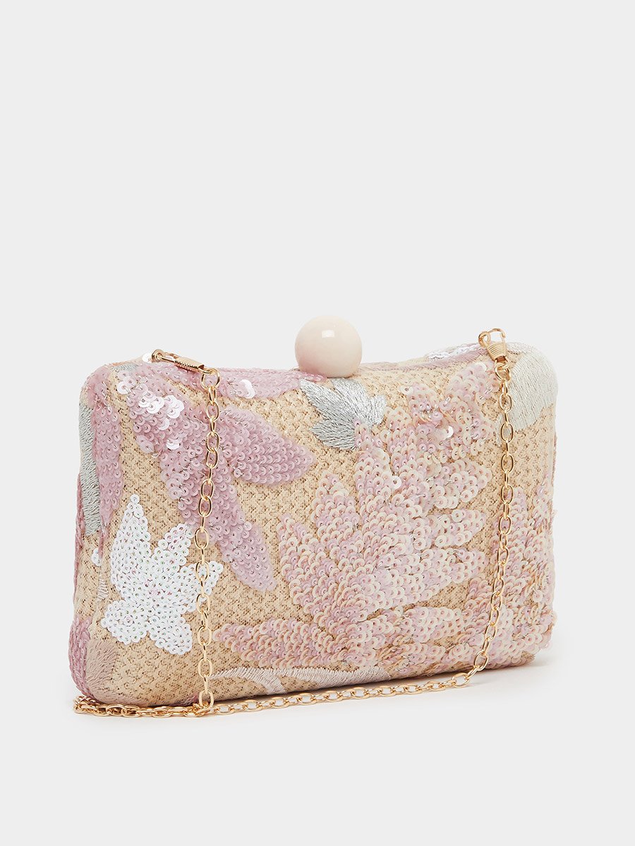 Embellished Sequined Clutch with Chain Strap