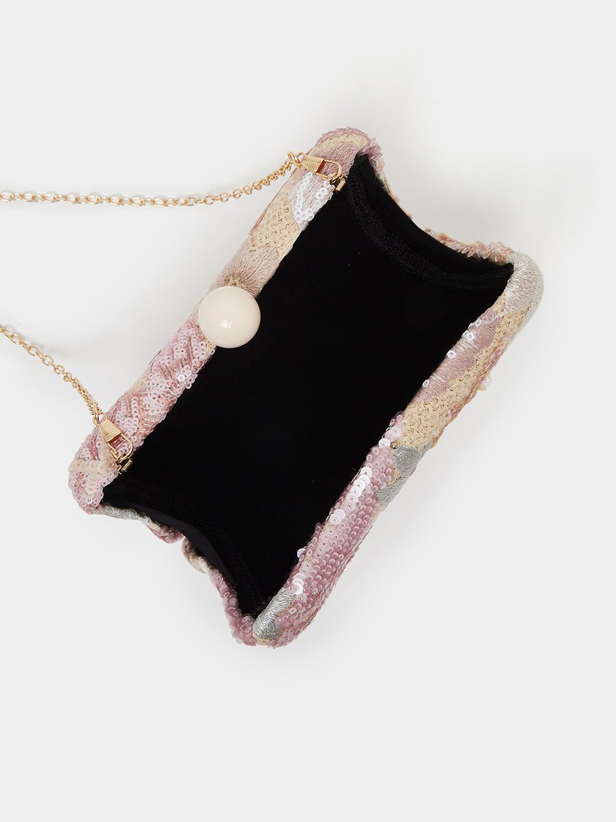 Embellished Sequined Clutch with Chain Strap