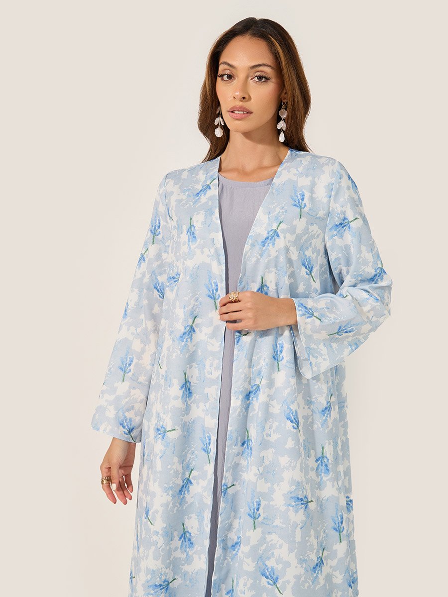 Floral Print Flared Abaya with Printed Scarf