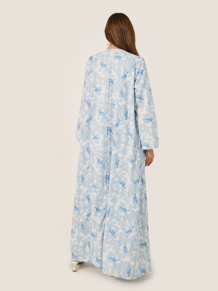 Floral Print Flared Abaya with Printed Scarf