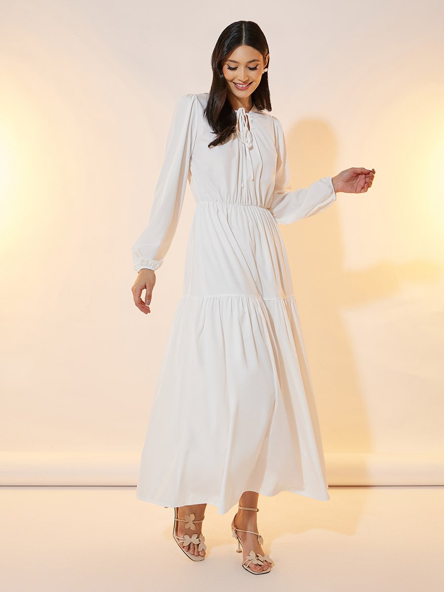 Solid Tie-Up Neck Tiered Maxi Dress