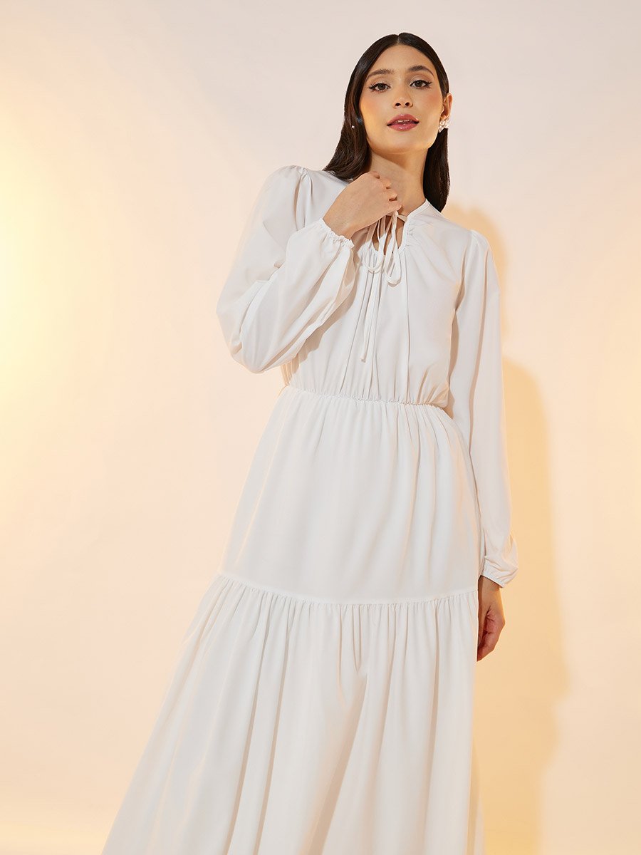 Solid Tie-Up Neck Tiered Maxi Dress
