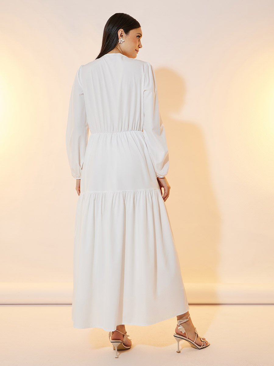 Solid Tie-Up Neck Tiered Maxi Dress