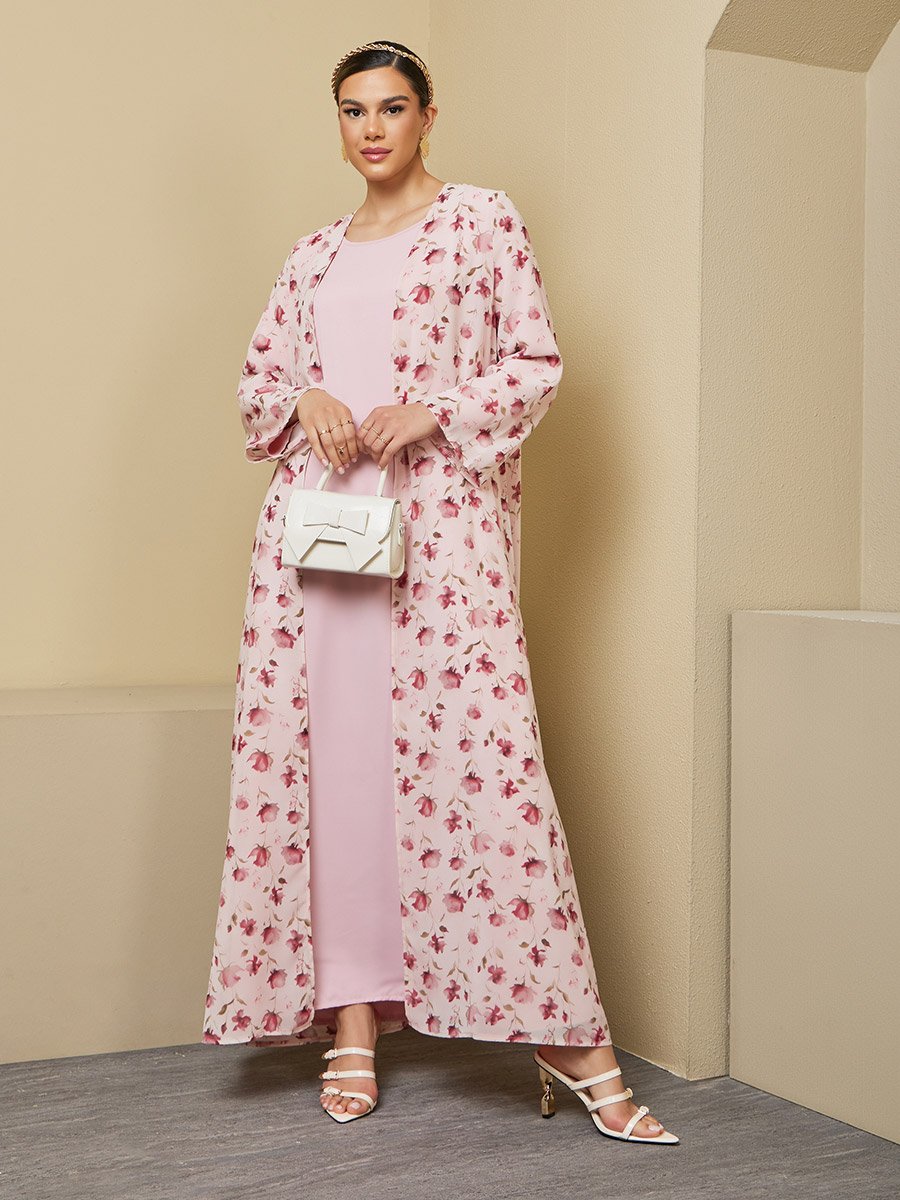 Floral Print Abaya with Solid Inner Dress Modest Set
