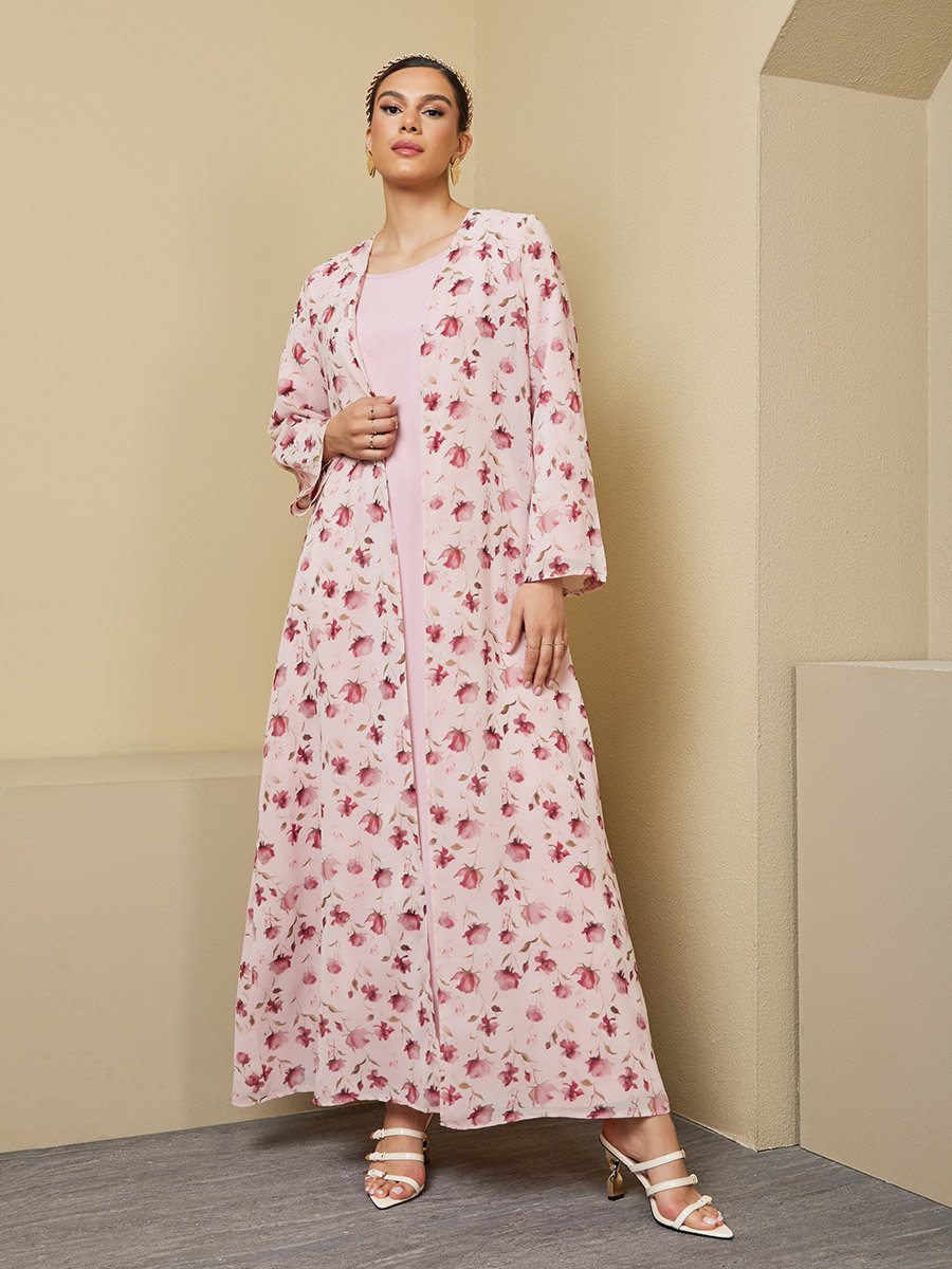 Floral Print Abaya with Solid Inner Dress Modest Set
