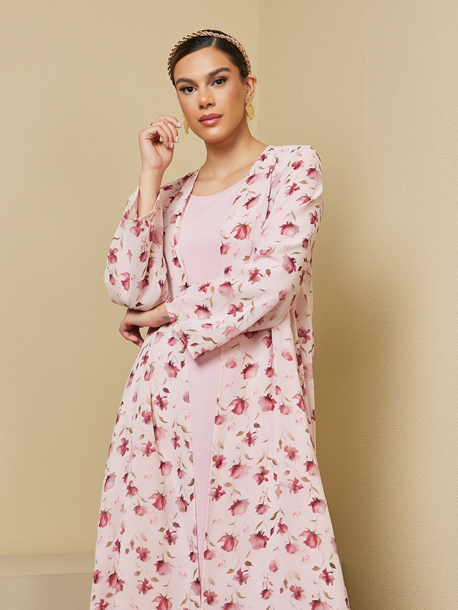 Floral Print Abaya with Solid Inner Dress Modest Set