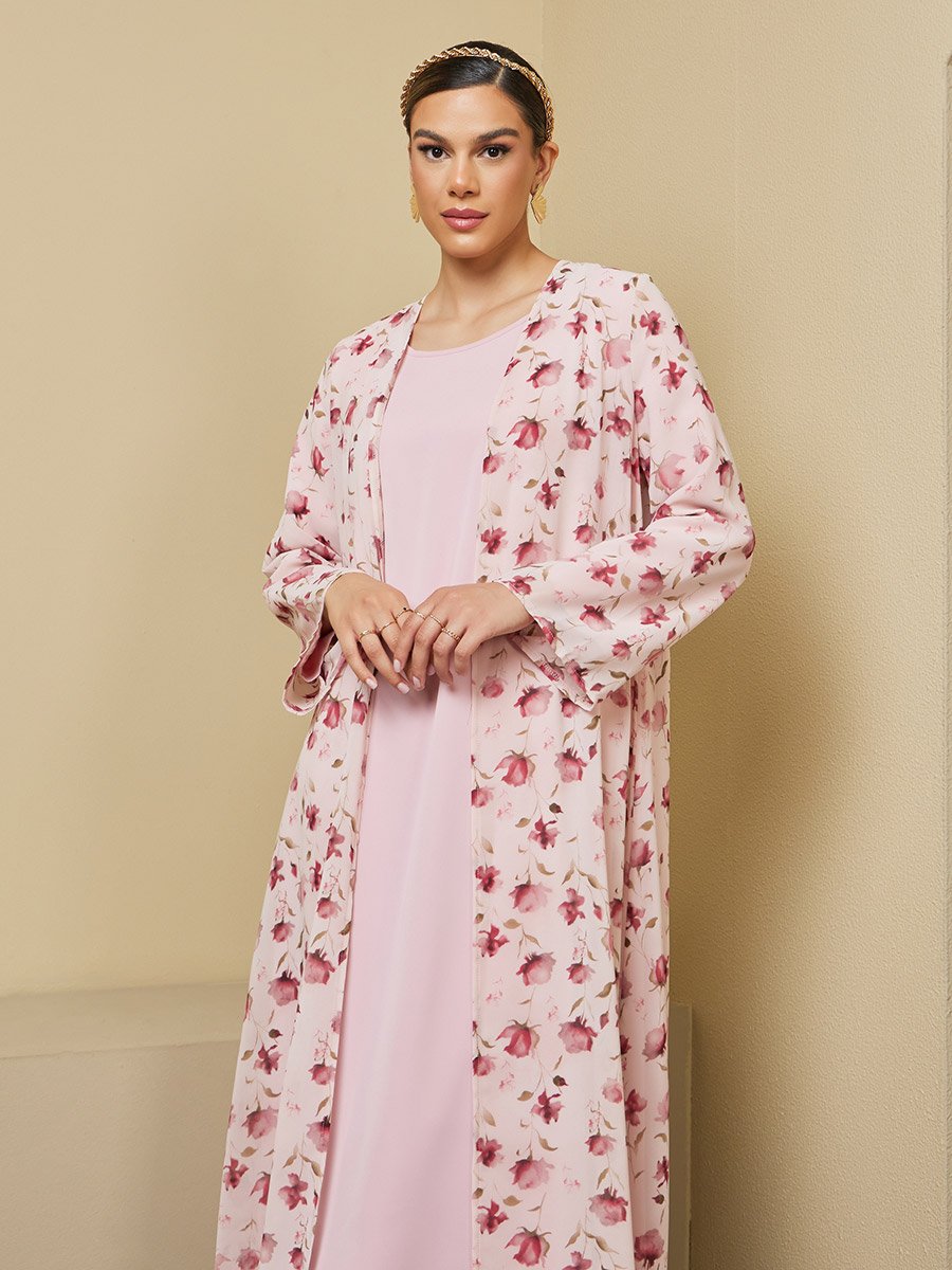Floral Print Abaya with Solid Inner Dress Modest Set