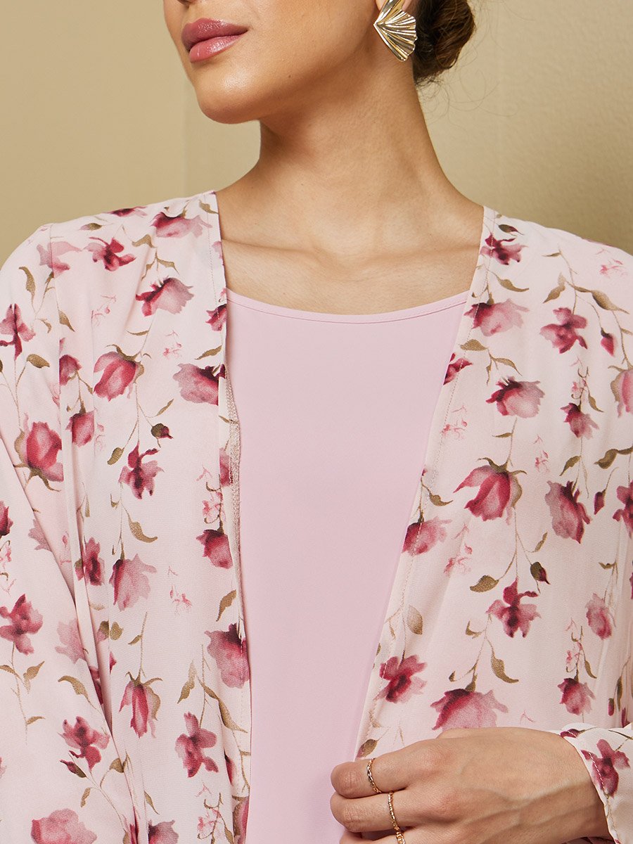 Floral Print Abaya with Solid Inner Dress Modest Set
