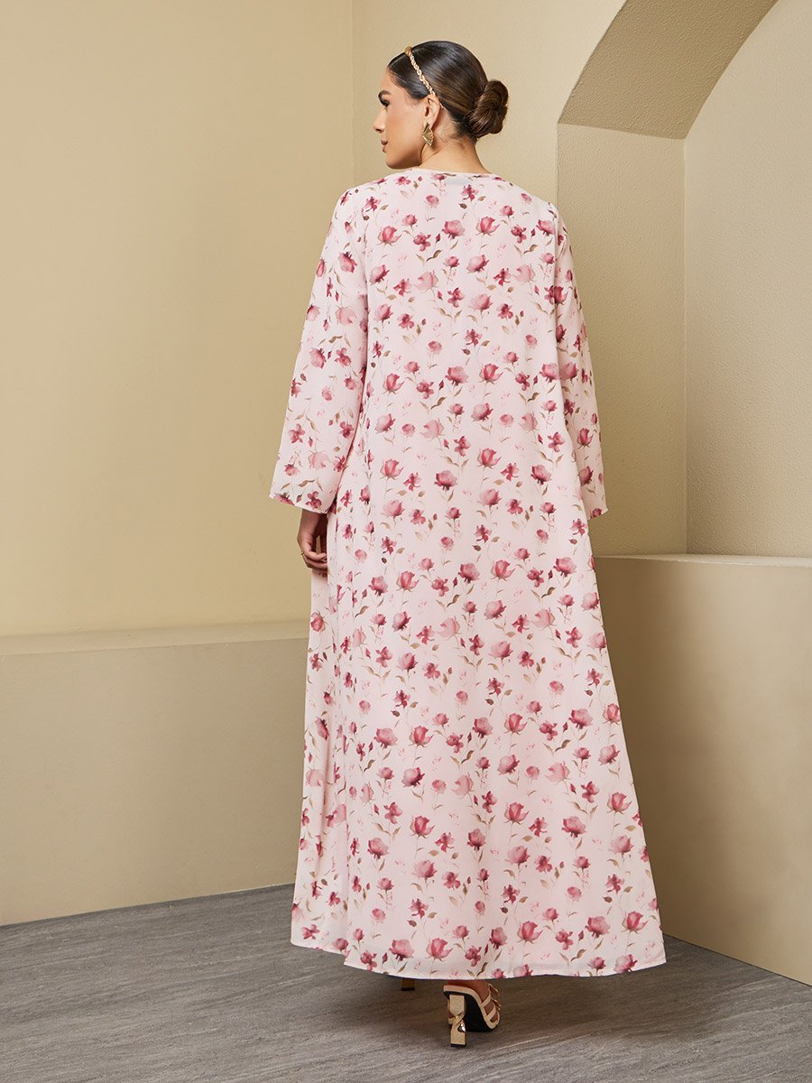 Floral Print Abaya with Solid Inner Dress Modest Set