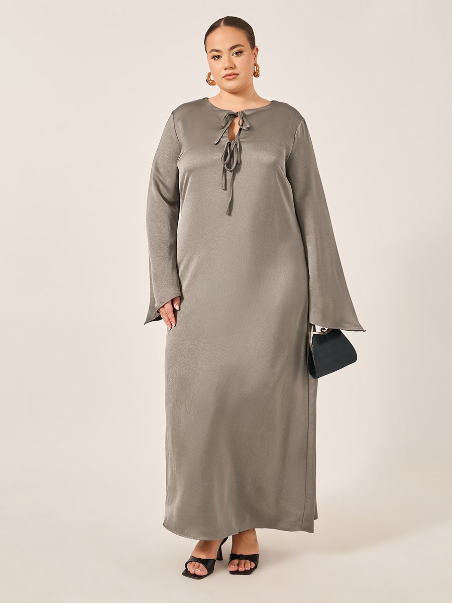 Plus Size Textured Tie-Up Neck A-Line Maxi Dress
