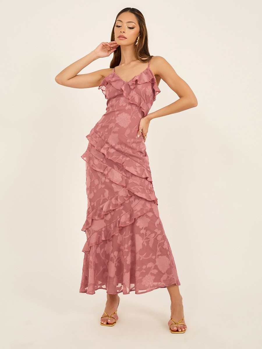 Ruffle Detail Strappy A-Line Maxi Dress