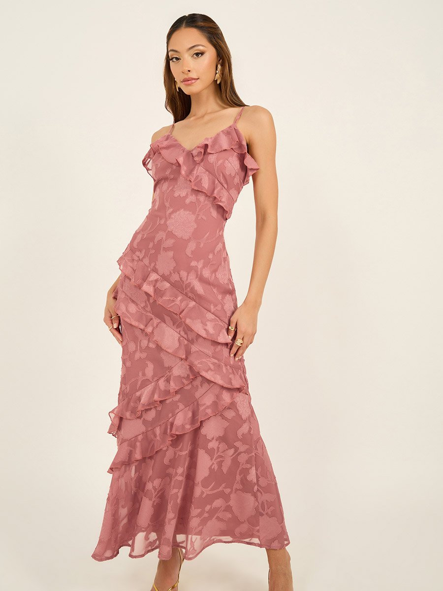 Ruffle Detail Strappy A-Line Maxi Dress
