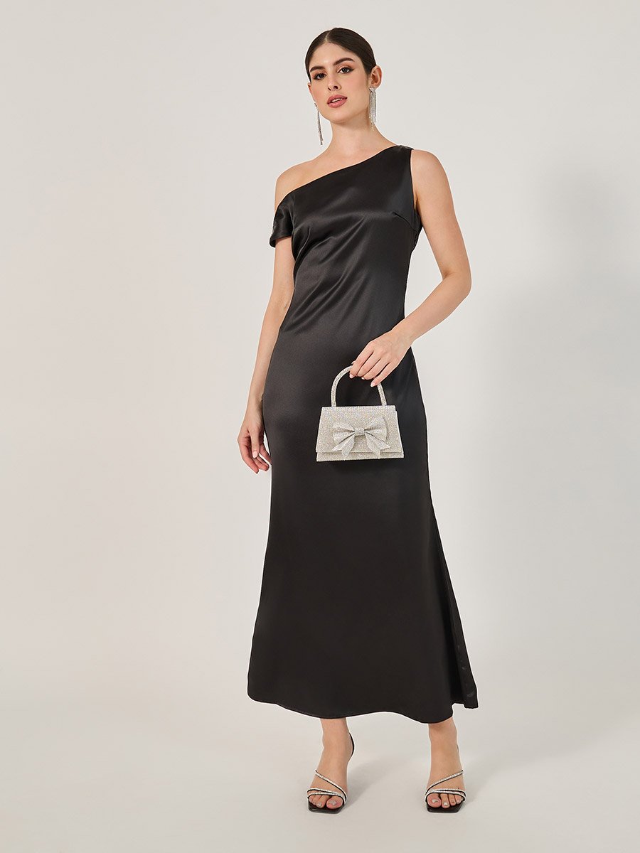 Solid One Shoulder A-Line Maxi Dress