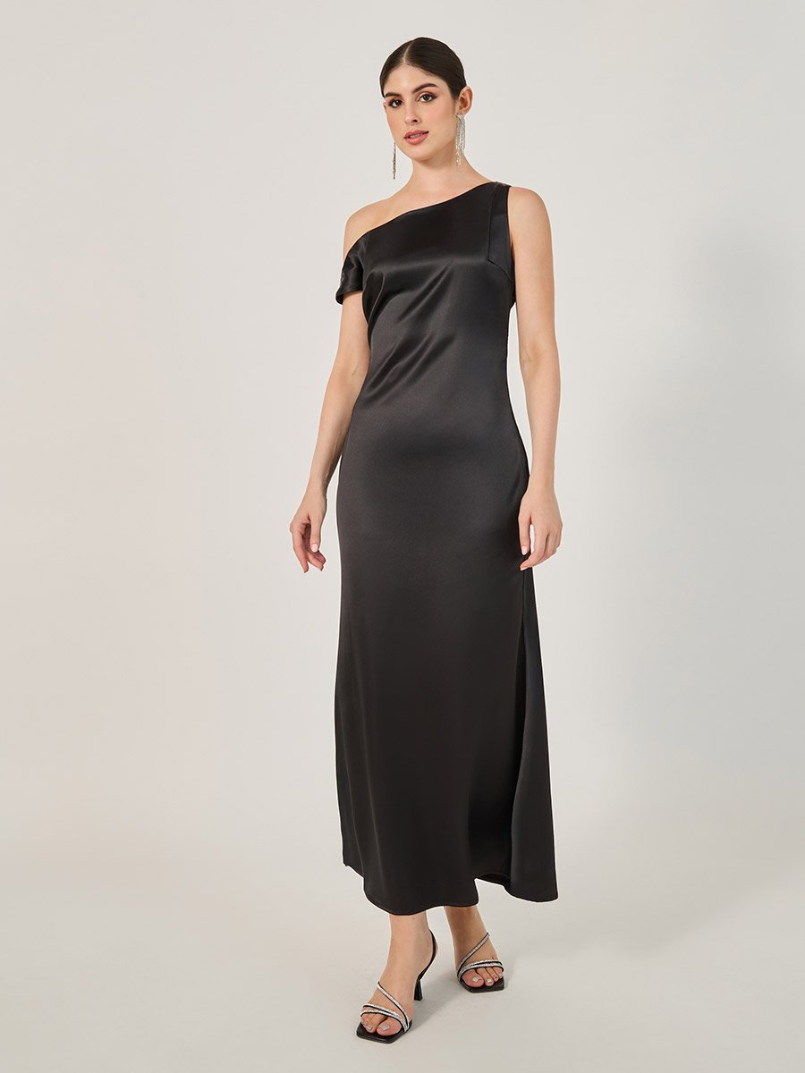 Solid One Shoulder A-Line Maxi Dress