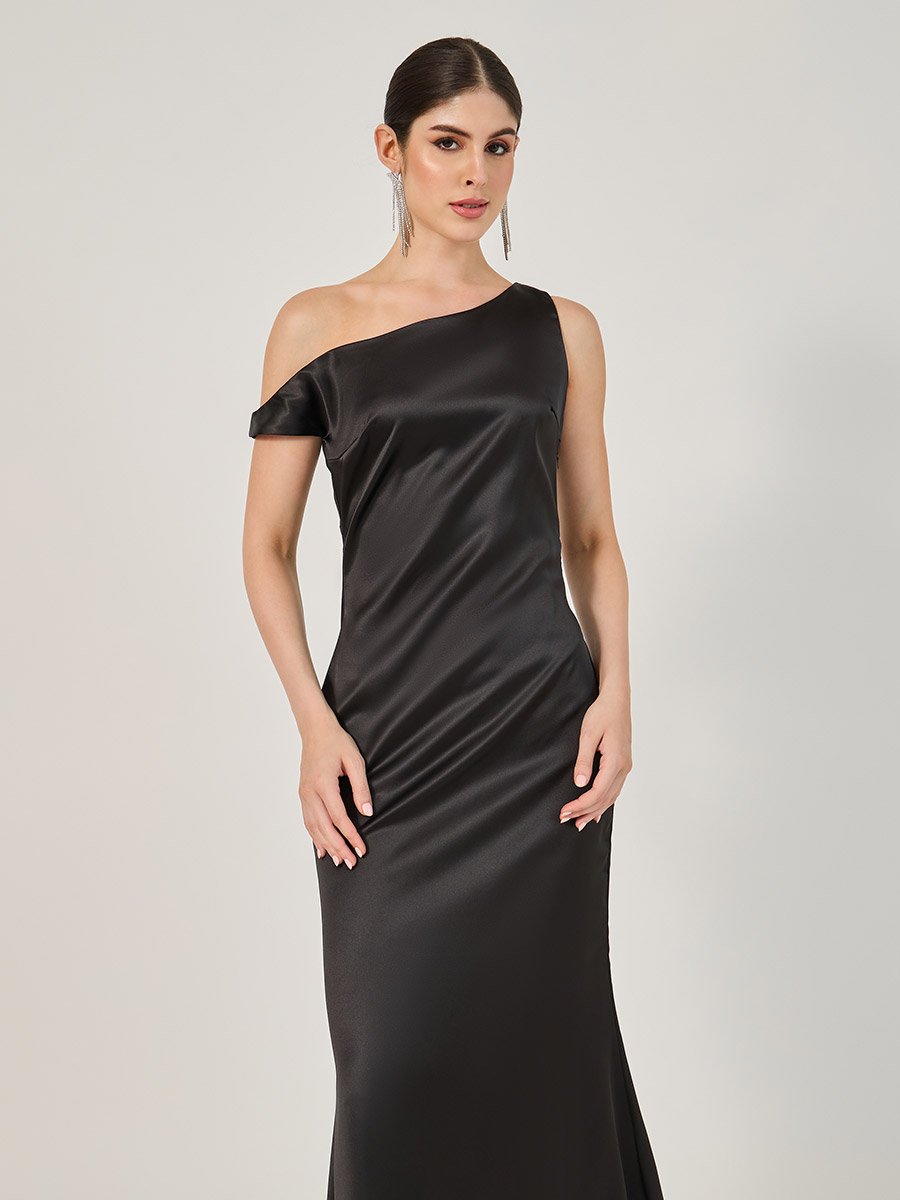 Solid One Shoulder A-Line Maxi Dress