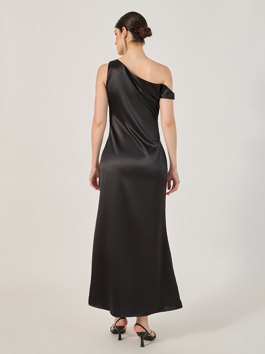 Solid One Shoulder A-Line Maxi Dress