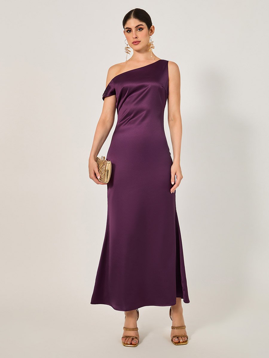 Solid One Shoulder A-Line Maxi Dress
