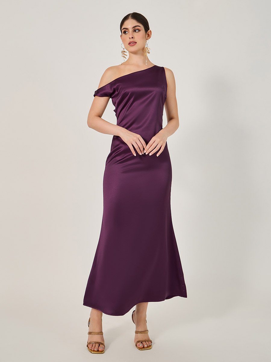 Solid One Shoulder A-Line Maxi Dress