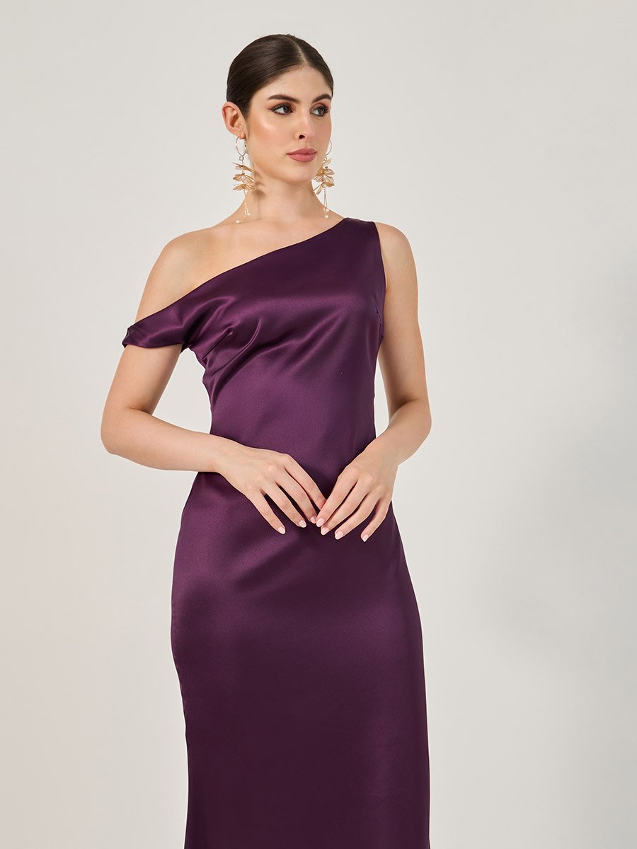 Solid One Shoulder A-Line Maxi Dress