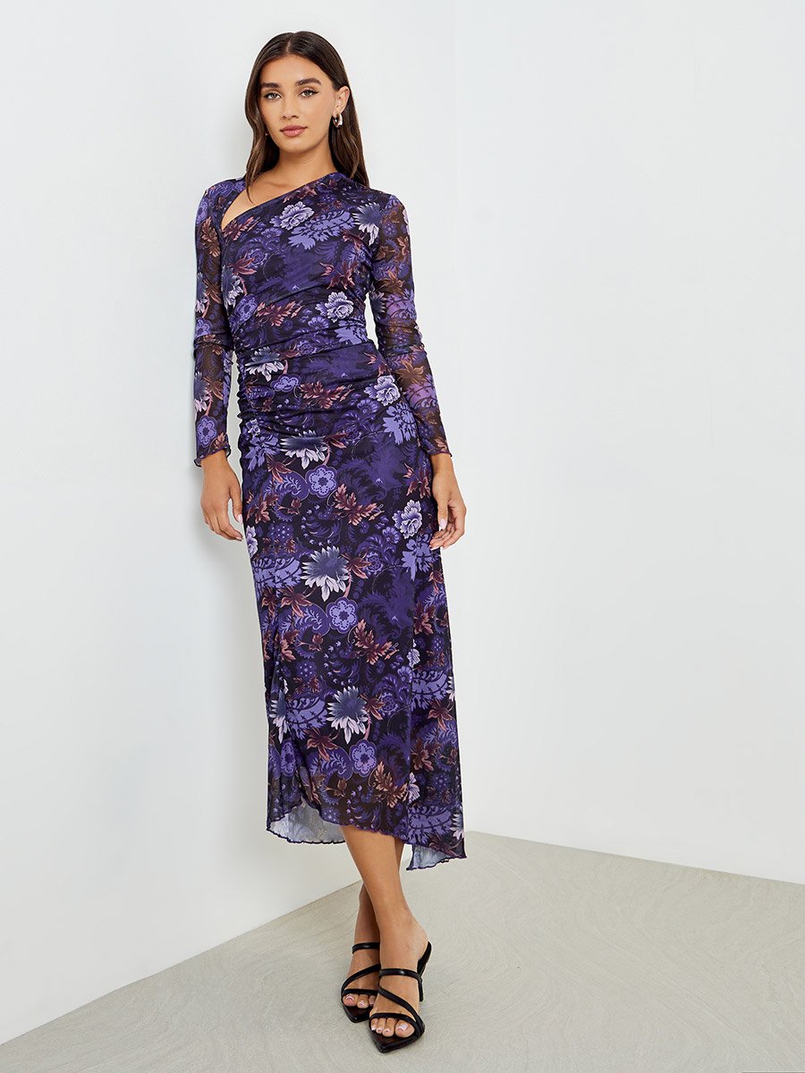 Women Floral Print Gathered Detail Bodycon Maxi Dress
