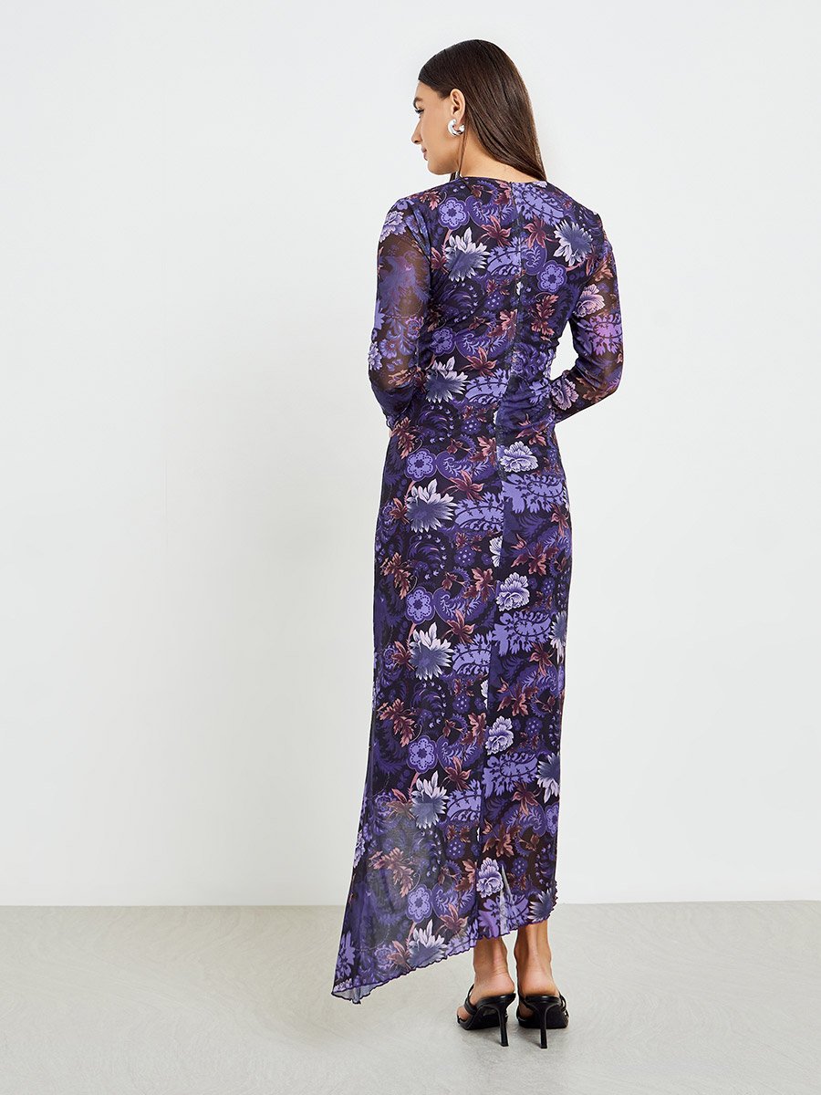 Women Floral Print Gathered Detail Bodycon Maxi Dress