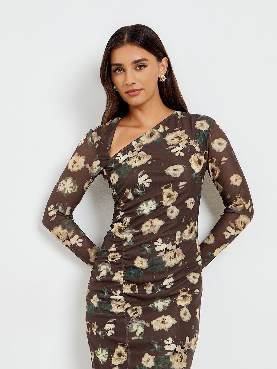 Women Floral Print Gathered Detail Bodycon Maxi Dress